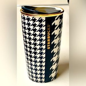 12 oz Double Walled Porcelain Gold Trim Houndstooth STARBUCKS COFFEE Travel Mug